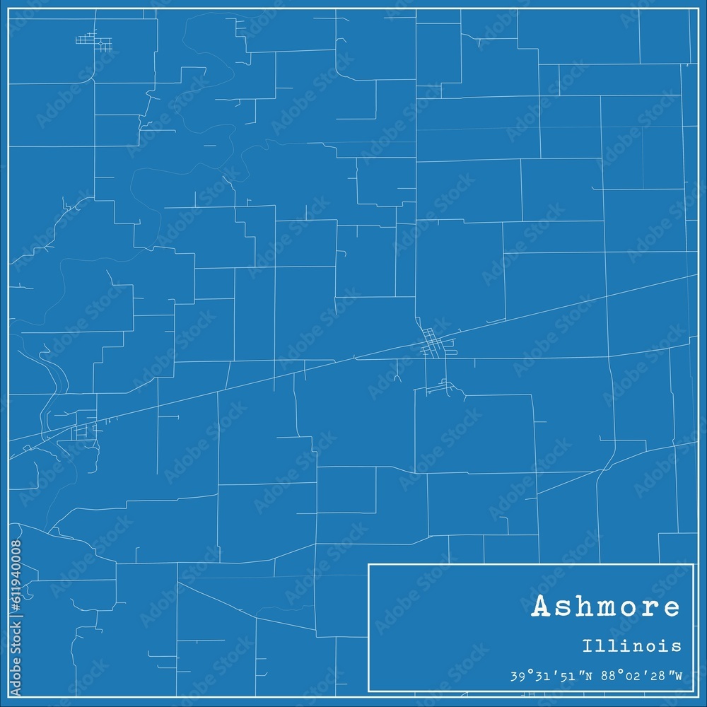 Blueprint US city map of Ashmore, Illinois.