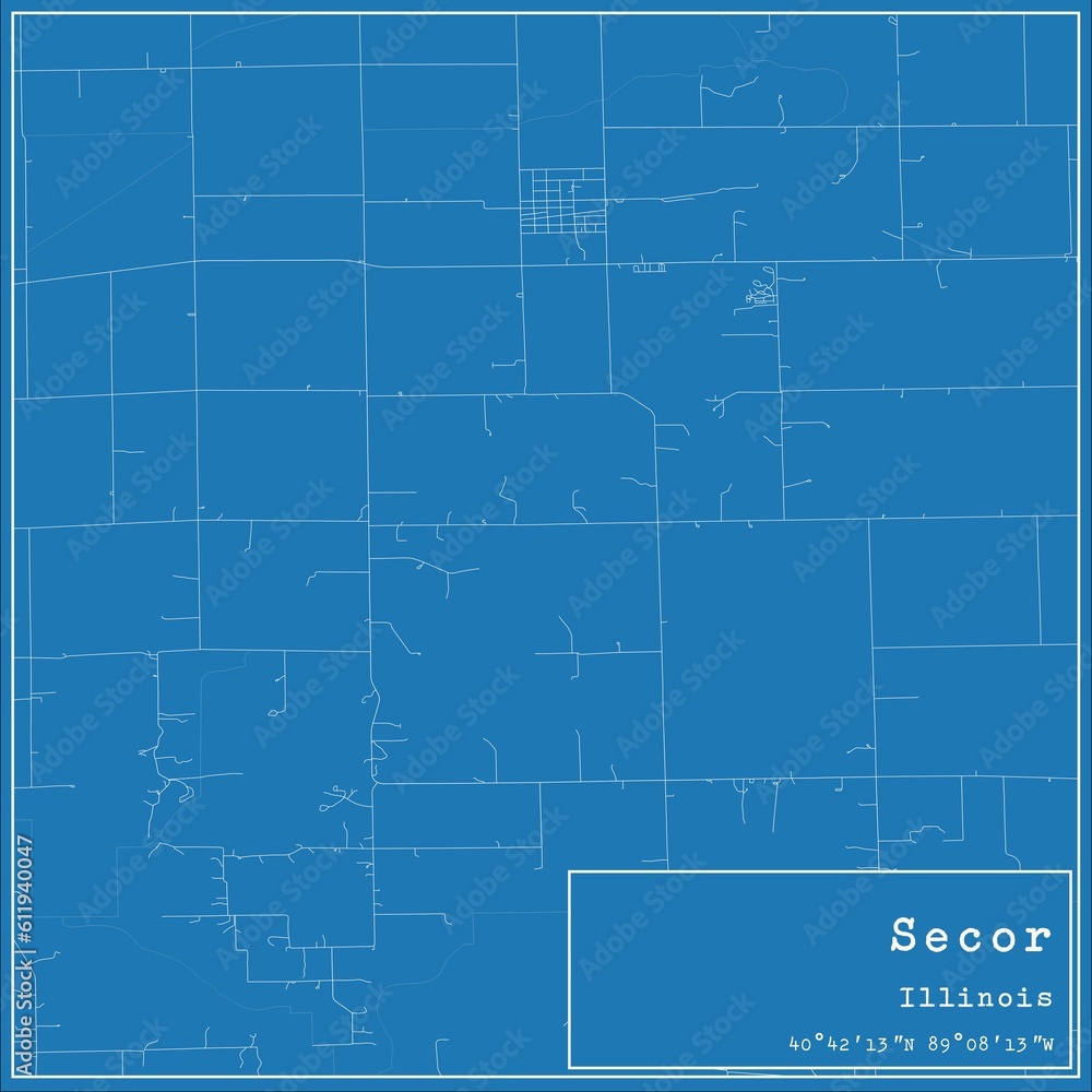 Blueprint US city map of Secor, Illinois.