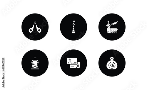 other filled icons set. other filled icons pack included nail trimmer, smeaton's tower, church with bats, tombstone with cross, chemistry business card, kilograms vector.