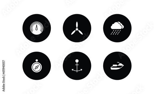 nautical filled icons set. nautical filled icons pack included barometer, propeller, rainy cloud, compass inclined, sailor, facing right vector.