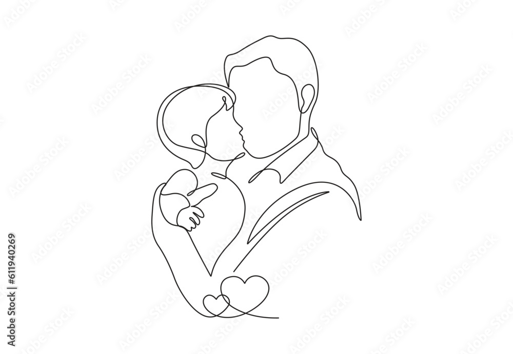  Happy father's day continuous line art illustration for celebration. Father carrying his child kissing. One line art and continuous line art style vector illustration. Premium vector. 