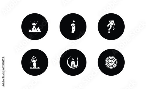 other filled icons set. other filled icons pack included king of the hill, sack race, graduation's questions, zambie hand, mosque and moon, roulette table vector.