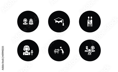 people filled icons set. people filled icons pack included friends, students graduation hat, snuggle, foreign reporter, babysitter and child, man girl and dog vector.