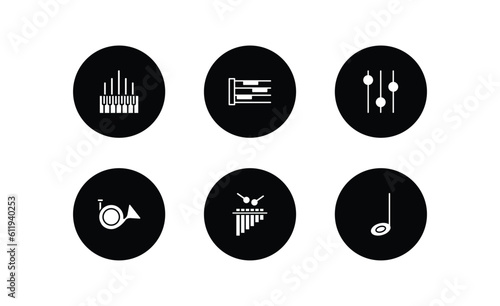 music and media filled icons set. music and media filled icons pack included organ, whole rest, music player tings, french horn, marimba, half note vector.