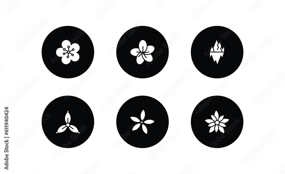 nature filled icons set. nature filled icons pack included orchid, sakura, iceberg, iris, neroli, nymphea vector.