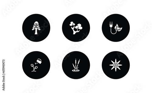 nature filled icons set. nature filled icons pack included the oaks tree, northern red oak tree, eco energy source, watering plant, reeds, petals vector.