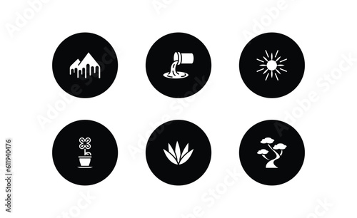 nature filled icons set. nature filled icons pack included melting, waste water, sun flare, flowerpot, agave, bonsai tree vector.
