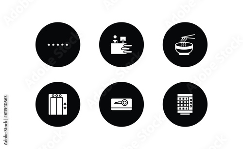 hotel and restaurant filled icons set. hotel and restaurant filled icons pack included five stars, receptionist, ramen, elevator, key card, vending hine vector.