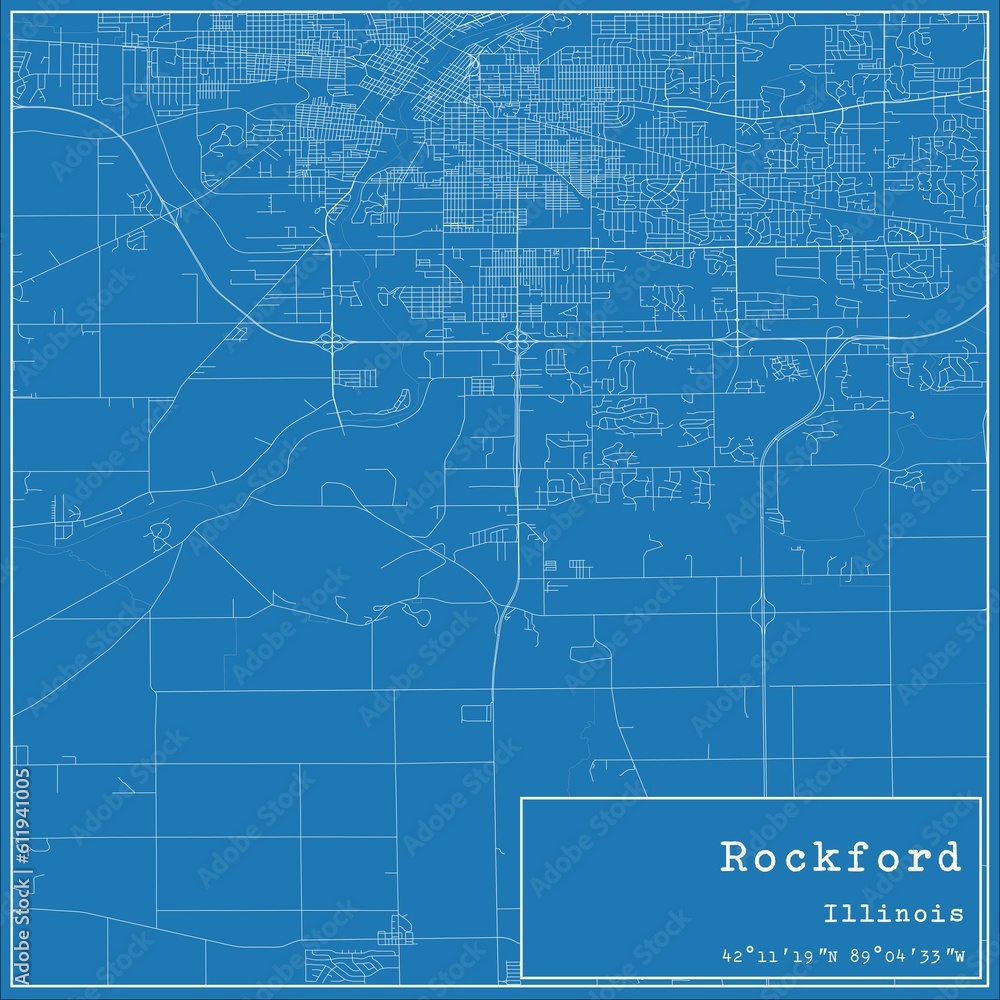 Blueprint US city map of Rockford, Illinois.