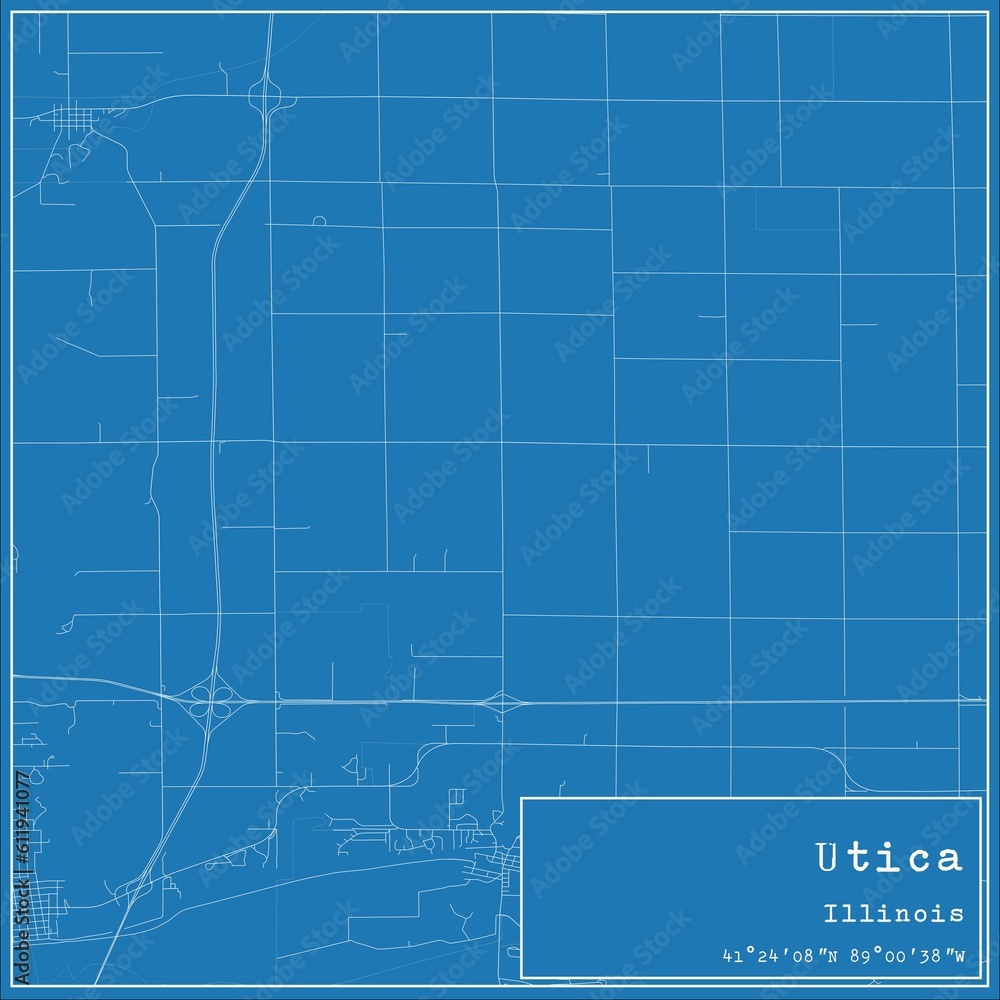 Blueprint US city map of Utica, Illinois.