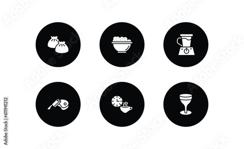 food filled icons set. food filled icons pack included dumpling, risotto, blend, butcher, tea time, cup of wine vector.