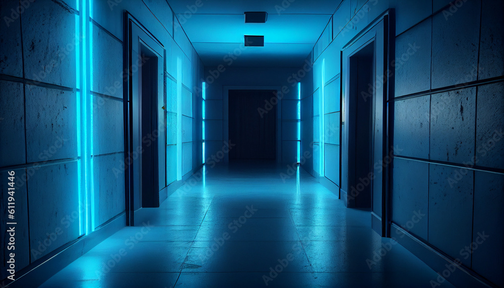Dark Hallway Room Corridor Neon Blue Lights On Stands Glossy Concrete Floor Ai generated image