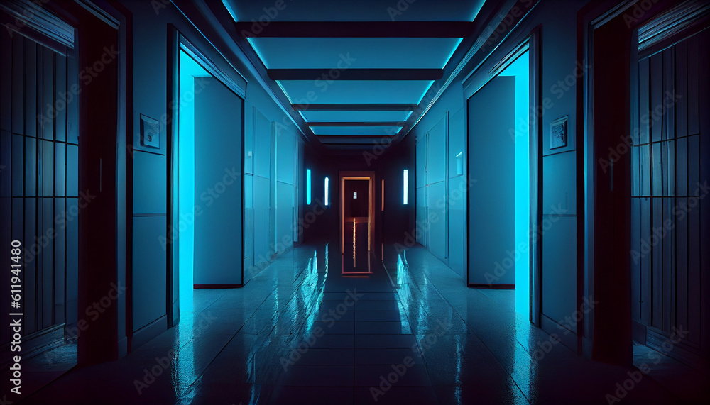 Dark Hallway Room Corridor Neon Blue Lights On Stands Glossy Concrete Floor Ai generated image