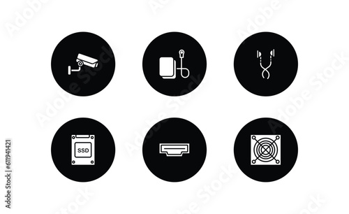 electronic devices filled icons set. electronic devices filled icons pack included video surveillance, electric blanket, earphones, ssd, hdmi, asic miner vector.