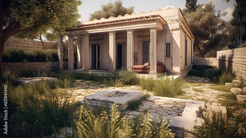 3D render greece ancient concept, Home and Garden Embracing the Timeless Elegance and, Creating a Harmonious Fusion of Indoor and Outdoor Spaces