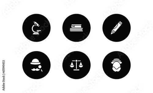 education filled icons set. education filled icons pack included microscope, books, crayon, sherlock holmes, law, robinson crusoe vector.