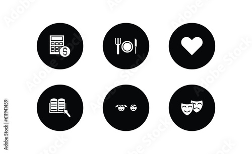 education filled icons set. education filled icons pack included calculator and dollar, lunch, love, ebook, kids, drama vector.