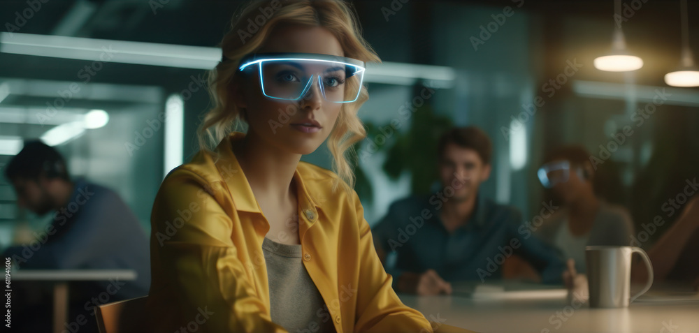 Young woman uses augmented reality at her workspace. AI Generative. Young woman uses augmented reality at her workspace. AI Generative.