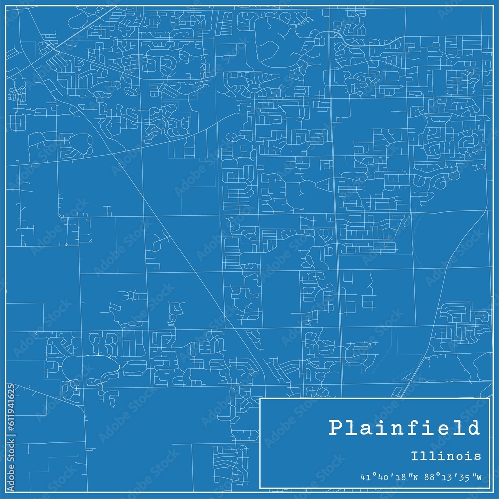Blueprint US city map of Plainfield, Illinois.