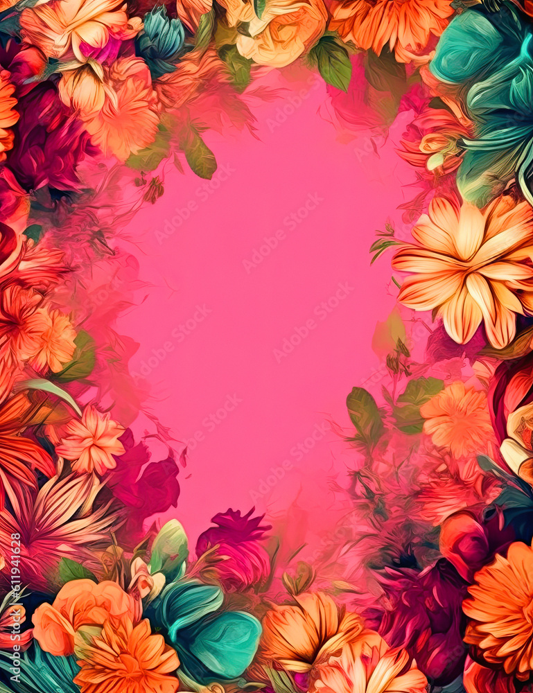 pastel color  background and bright floral border, Ai generative