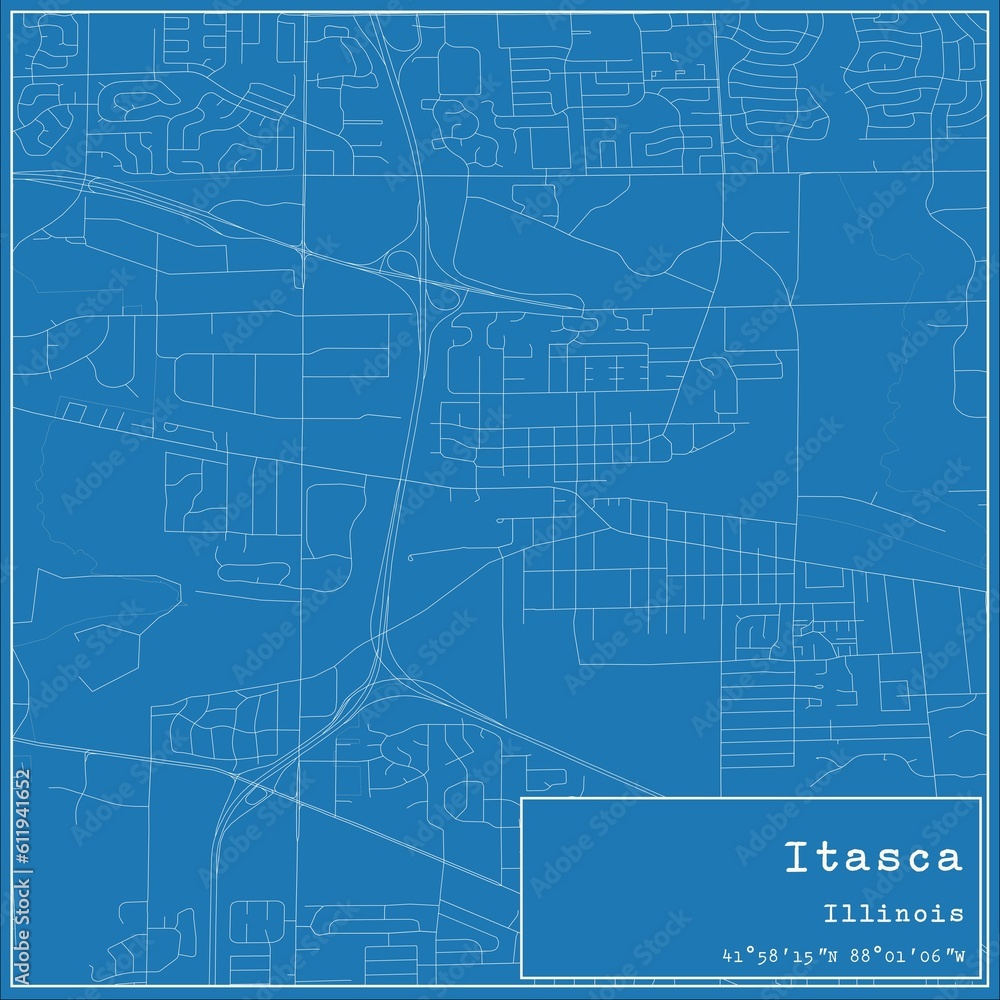 Blueprint US city map of Itasca, Illinois.