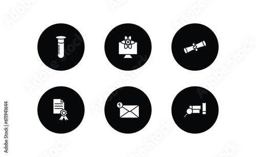education filled icons set. education filled icons pack included full test tube, educational platform, rolled diploma, sealed diploma, new email, research with books vector.