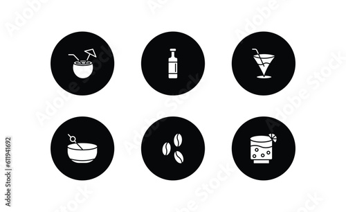 drinks filled icons set. drinks filled icons pack included malibu, wine bottles, pink rose, greyhound drink, coffee bean, lime rickey drink vector.