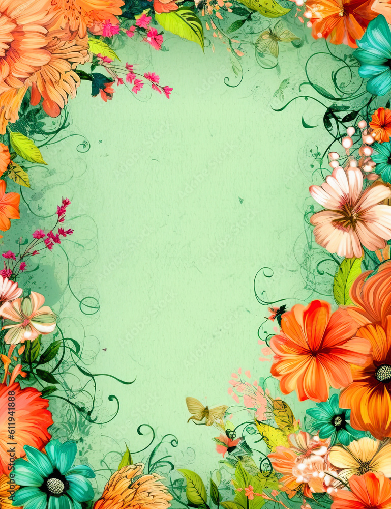 Fototapeta premium pastel color background and bright floral border, Ai generative