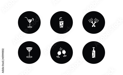 drinks filled icons set. drinks filled icons pack included cosmopolitan, fruit juice, forks, 007 martini, toast, wine vector.