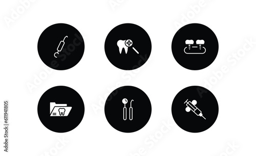 dentist filled icons set. dentist filled icons pack included periodontal scaler, dental checkup, fake tooth, dental folder, dentist tools, dental needle vector.