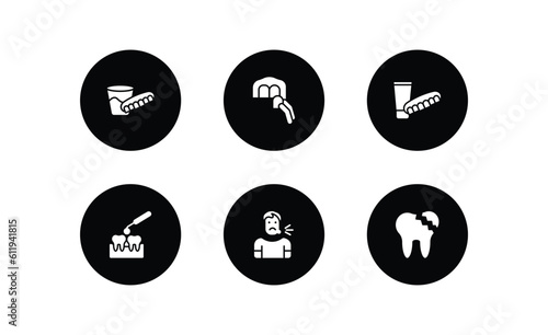 dentist filled icons set. dentist filled icons pack included denture, dental veneer, dentures, interproximal, sick boy, broken tooth vector.