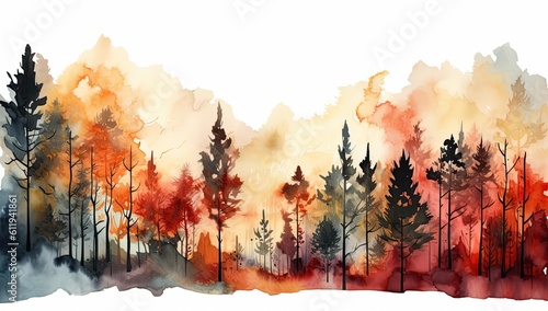 Fall landscape with orange misty forest trees. Generative AI