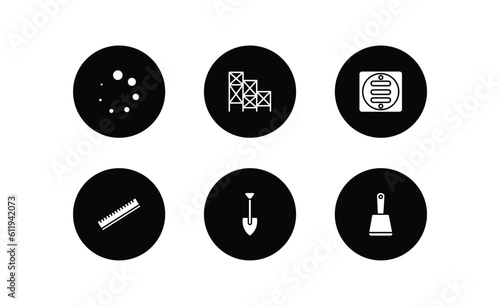 construction tools filled icons set. construction tools filled icons pack included loader, scaffolding, drain, school ruler, spade, bolster vector.