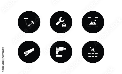 construction tools filled icons set. construction tools filled icons pack included screws, wrench and nut, wallpaper, carpenter saw, cordless drill, construction works vector.