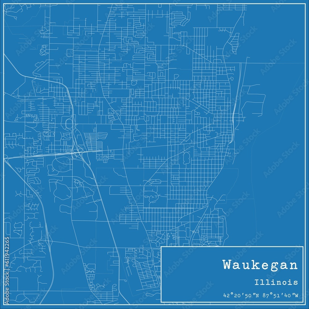 Blueprint US city map of Waukegan, Illinois.