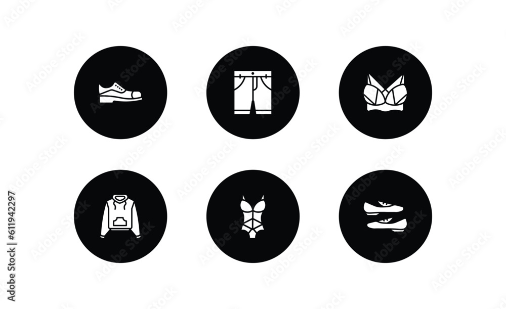 clothes filled icons set. clothes filled icons pack included leather shoes, chino shorts, brassiere, hooded jacket, lingerie, loafer vector.