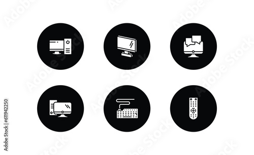 Free Download computer filled icons set. computer filled icons pack included work station, 3d screen, online chat, pc with monitor, classroom keyboard, tv remote vector. - GFXLoad