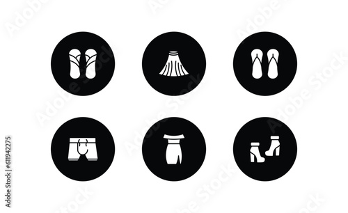 clothes filled icons set. clothes filled icons pack included sandals, tulle skirt, sleepers, boxers, off the shoulder dress, ankle boots vector.