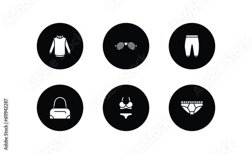 clothes filled icons set. clothes filled icons pack included turtleneck, shutter sunglasses, harem pants, barrel handbag, lingerine, underpants vector.