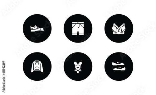 clothes filled icons set. clothes filled icons pack included leather shoes, chino shorts, brassiere, hooded jacket, lingerie, loafer vector.