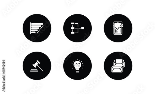 business and analytics filled icons set. business and analytics filled icons pack included depleting chart, data analytics flow, mobile trial hammer, solution, correspondence vector.