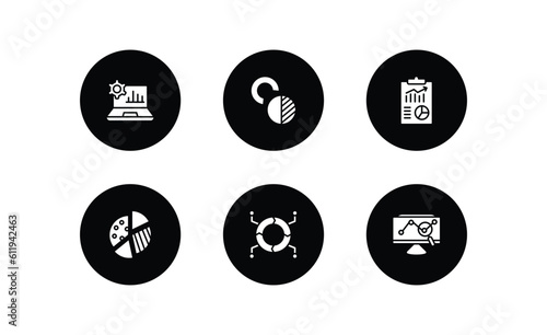 business and analytics filled icons set. business and analytics filled icons pack included laptop with analysis, value chart, business plan, graph pie, infographics, stock market vector.