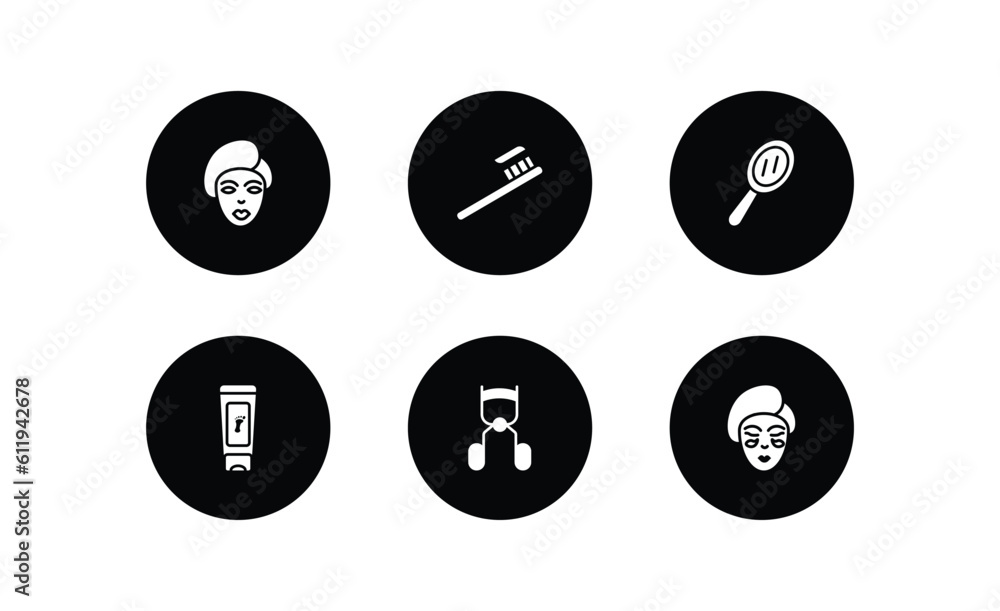 beauty filled icons set. beauty filled icons pack included woman face, toothbrush, hand mirror, feet cream, eyelashes curler, face mask vector. beauty filled icons set. beauty filled icons pack included woman face, toothbrush, hand mirror, feet cream, eyelashes curler, face mask vector.