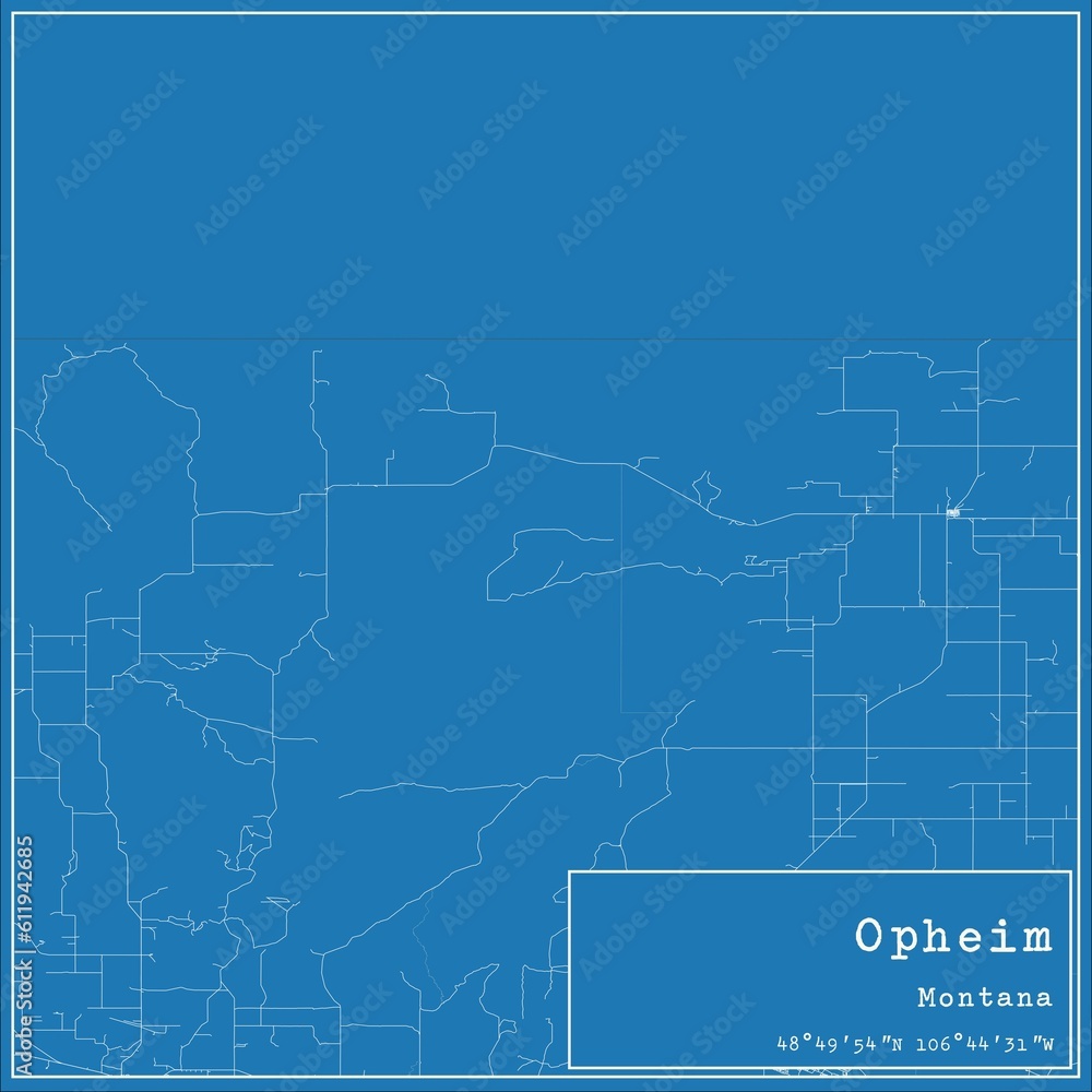 Blueprint US city map of Opheim, Montana.