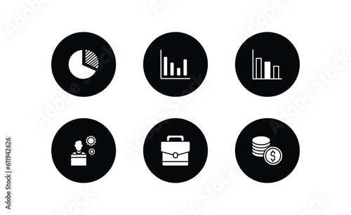 business filled icons set. business filled icons pack included circular pie chart, bar diagram, bars chart, employee going to work, business briefcase, dollar coins stack vector.