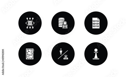 artificial intellegence filled icons set. artificial intellegence filled icons pack included bionic eye, secure data, binary, mobile flexible display, robots and humans, chess vector.