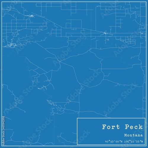 Blueprint US city map of Fort Peck, Montana.