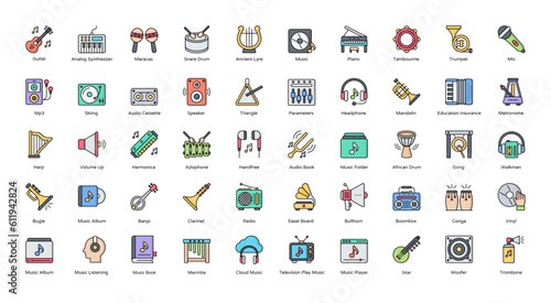 Instruments Line Color  Icons Music Instrument Icon Set in Filled Outline Style 50 Vector Icons