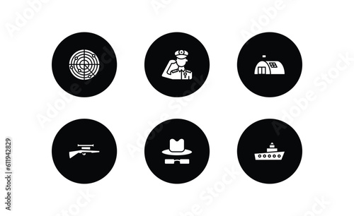 army and war filled icons set. army and war filled icons pack included militar radar, salute, bunker, sniper rifle, secret agent, naval vector.