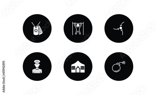 army and war filled icons set. army and war filled icons pack included dog tag, pull up, strategy, conscription, militar tent, bomb vector.